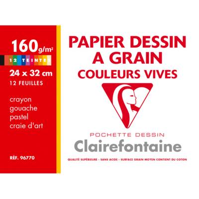 Pochette 12 feuilles Dessin à grain 160g 24x32 Vives assorties - CLAIREFONTAINE