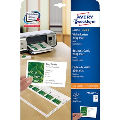 Pochette de 250 cartes de visite 85x54mm 200g - AVERY ZWECKFORM