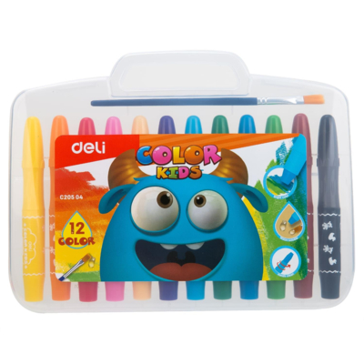 Boîte 12 crayons gel jumbo Color Kids, super doux, 12 couleurs, 1 pinceau - Deli