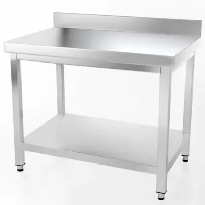 Table inox - Largeur M (L=810-1210mm) - Avec étagère basse, Avec dosseret - TBLLMP70EtagDossPied - Vesto