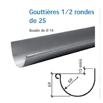 Gouttière demi-ronde de 25 - zinc naturel - avec pince - Ep 0,65 L 4m - VM BUILDING SOLUTIONS