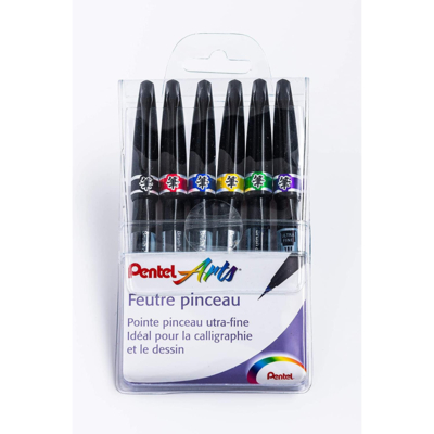 Pochette de 6 Feutres pinceau Brush Sign Noir, Rouge, Bleu, Vert, Violet, Jaune - Pentel
