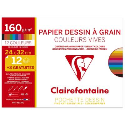 Pochette de 12 + 3 Feuilles de Papier Dessin Couleurs Vives 24x32 160g - CLAIREFONTAINE