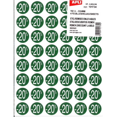 Pochette de 192 pastilles remises - 20 % Diam 24 mm - Apli-Agipa
