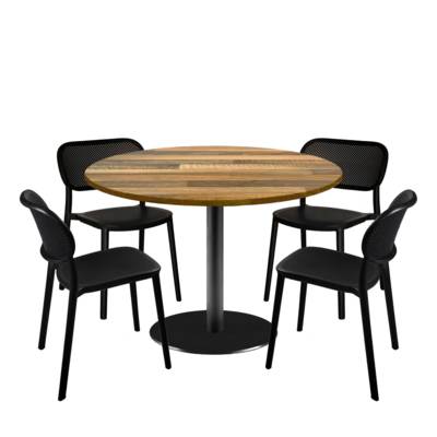 Lot table Ø120cm & 4 chaises - pied noir plateau bois noyer lamellé - intérieur - RestooTab