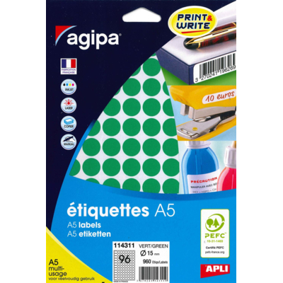 Etui A5 ( 10F ) de 960 Pastilles Gommettes Rondes 15 mm Vert - Apli-Agipa