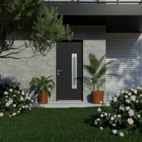 Porte d'entrée alu ODISHA gris anthracite/blanc dormant 63 mm avec tapées pour isolation 100 mm - 215 x 90 cm - Gedimat - GARDEN GATE