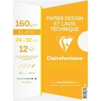 Pochette papier dessin & lavis technique 24x32 12F 160g Blanc - CLAIREFONTAINE