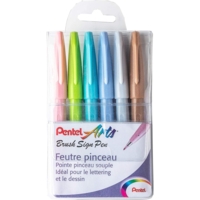 Pochette de 6 Feutres pinceau Brush Sign Pen : 1 x Gris clair, 1 x Brun, 1 x Bleu pastel, 1 x Gris bleuté, 1 x Vert pastel, 1 x Rose pastel - Pentel
