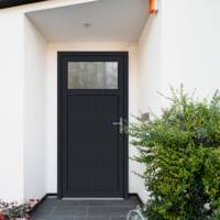 Porte de service PVC VALETTE gris anthracite 7016 dormant 60 mm avec tapées pour isolation 100 mm - 200 x 90 cm - Gedimat - EUROPEN