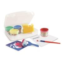 Gouache aux doigts en pot, 4 couleurs. Mallette multifonction, 6 pochoirs, 1 éponge, 1 rouleau en mousse, 1 pinceau géant, 1 nappe de protection. 100 g - PRIMO