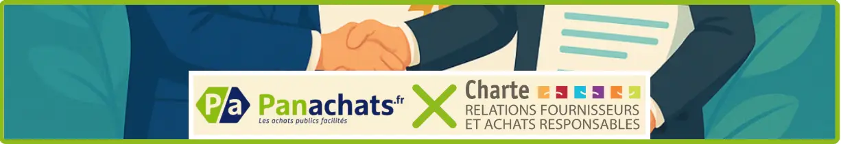 Logo Panachats associé à la charte RFAR, illustrant une poignée de main symbolisant leur engagement pour des achats publics responsables